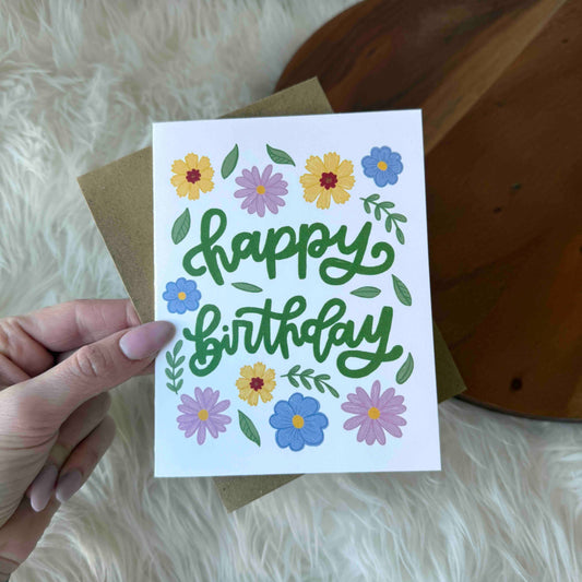 "Happy birthday" Spring Wildflower Cursive Text Card