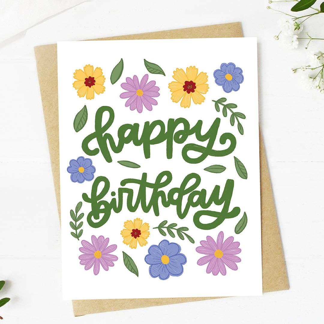 "Happy birthday" Spring Wildflower Cursive Text Card